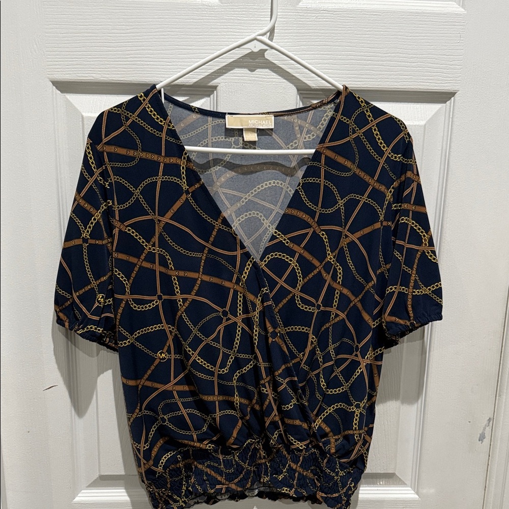 Michael Kors Women's Top with Navy and Gold Chain Design